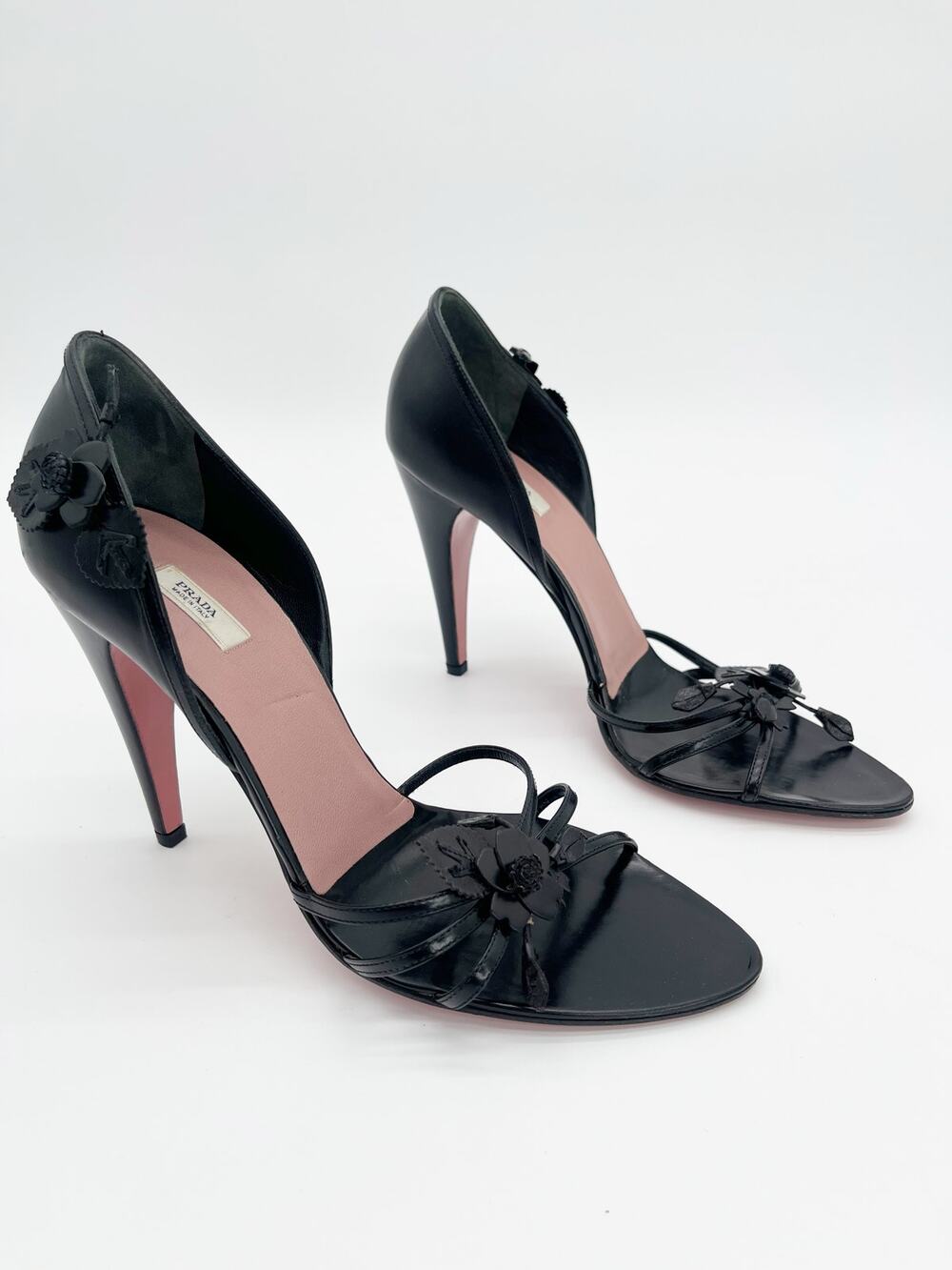 Prada Vintage Black Leather Floral Applique D'Orsay Strap Heel Sandals IT 41